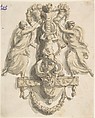 Design for a Door-Knocker (?) With Two Nymphs, Giacomo Rossi  Italian, Pen and brown ink, brush with yellowish and gray wash over black chalk