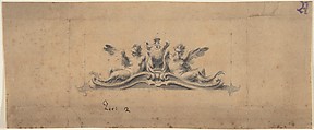 Design for an Overdoor or Headpiece: Two Reclining Figures and Urn, Anonymous, Italian, 18th century  Italian, Pen and gray ink, brush and gray wash, highlighted with white chalk (?); ruled construction lines in graphite or lead