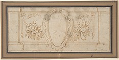 Wall Decoration with a Cartouche and Garland (recto); Ruled Lines in Red Chalk (verso), Anonymous, Italian, 17th century  Italian, Pen and gray ink, brush and brown wash, over black chalk; framing lines in pen and brown ink