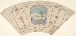Semi-Circular Design with Grotesques and a Central Medaillon containing a Landscape, Anonymous, Italian, 18th century  Italian, Pen and gray ink, brush with gray, red green, pink and blue watercolor over lead; framing outlines in pen and gray ink
