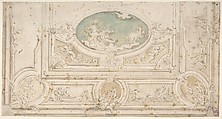 Design for a Ceiling with Apollo on his Wagon in the Central Compartment, Anonymous, Italian, 18th century Italian, Pen and ink, wash, and watercolor