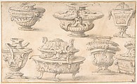 Seven Designs for Vases and Table Silver, Anonymous, Italian, 18th century Italian, Pen and ink and wash