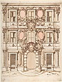 Design for the Façade of a Palace with the Coat of Arms of Pope Clement IX, Anonymous, Italian, 18th century  Italian, Pen and brown ink with brown, red and green wash