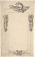 Design for a Cartouche or Frame with Four Groups of Military Ornament: Flames and Thunderbolts on bottom; Swags of Bombs at Sides; Sword, Baton, and Laurel Top., Anonymous, Italian, 18th century  Italian, Pen and black ink, brush and gray-brown wash, over graphite or lead, on beige paper