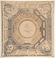 Design for a Square Trompe L'Oeil Ceiling with the Four Evangelists, Anonymous, Italian, 18th century  Italian, Pen and brown ink, brush and blue-gray wash, over black chalk, with ruler, and compass-work; glued onto secondary paper support