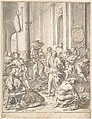 Christ Driving the Money Changers from the Temple, Matthias Scheits (German, Hamburg ca. 1625–ca. 1700 Hamburg), Pen and brown ink and gray wash; traced in black chalk and incised for transfer