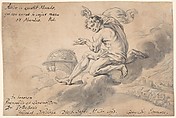 Man Sitting on a Cloud Above a Battlefield, Pointing to a Globe, Georg Christoph Eimmart the Younger (German, Regensburg 1638–1705 Nuremberg), Pen and gray ink, brush and gray wash