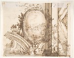 Design for an Overdoor Decoration with Variant (recto); Sketch of a Marbled Wall (verso), Anonymous, Italian, Bolognese, 18th century, Pen and brown ink, brush and wash, over black chalk (recto); pen and brown ink (verso)