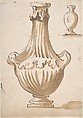 Design for a Vase: two handles, no cover. In upper right corner, a smaller, simpler shape (recto); Part of a Chalk Drawing (verso), Anonymous, Italian, Venetian, 18th century Italian, Pen and brown ink, brush and brown wash (recto); red chalk (verso)