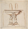 Design for a Fountain: Bowl Supported by Two Sphynxes, Anonymous, Italian, 18th century  Italian, Pen and brown ink, brush and brown wash, over graphite; ruled diagonal lines in graphite or lead running across upper half of sheet