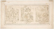 Drawing for Ceiling Decoration Consisting of Three Panels Each Showing a Different Scene with Figures, Ciro Ferri (?) Italian, Pen and brown ink