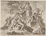Nymphs Adorning the Statue of a Goddess (recto); River God with Three Nymphs (verso), Anonymous, Italian, Venetian, 18th century, Pen and brown ink, brush and brown wash, on beige-gray laid paper
