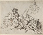 Nymphs Adorning the Statue of a Goddess (recto); River God with Three Nymphs (verso), Anonymous, Italian, Venetian, 18th century, Pen and brown ink, brush and brown wash, on beige-gray laid paper