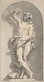 Silhouetted Study of Bacchus in a Niche, Anonymous, Italian, 18th century  Italian, Pen and  gray ink, brush with gray and pale brown wash, highlighted with white gouache, over black chalk, on cream paper.  Figure cut out along contours and pasted onto a drawn niche with an arched top (in brush and gray wash, over graphite or lead) on beige paper