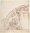 Design for One Half of a Lunette with a Window and Putto at Left, Anonymous, Italian, Piedmontese, 18th century  Italian, Pen and brown ink, brush and red wash, over leadpoint or graphite; ruled lines in graphite or leadpoint