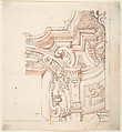 Design for a Portion of Cornice and Ceiling, Anonymous, Italian, Piedmontese, 18th century  Italian, Pen and brown ink, brush with red wash, over leadpoint or graphite; ruled lines in leadpoint or graphite
