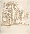 Capriccio with Architectural Ruins in Perspective, Anonymous, Italian, Piedmontese, 18th century  Italian, Pen and brown ink, brush and brown wash, over leadpoint or graphite