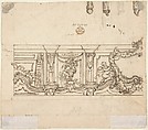 One Quarter of a Design for a Painted Ceiling (recto); Frieze with Putto, Vases, and Other Decorations (verso), Anonymous, Italian, Piedmontese, 18th century, Pen and brown ink, brush and gray wash and watercolor, over leadpoint or graphite, with ruled and compass construction; framing lines in pen and brown ink (recto); pen and brown ink over leadpoint or graphite with ruled construction (verso)