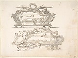 Designs for Two Reliquary Caskets; at top Bishop; at bottom: Skulls and Bones, Anonymous, Italian, Piedmontese, 18th century  Italian, Pen and brown ink, brush and gray wash, over leadpoint or graphite with ruled construction (recto); negligible scribbles in lead point or graphite (verso)