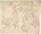 Designs for Wall Ensemble with Scroll and Grotesque Motifs, Anonymous, Italian, Piedmontese, 18th century  Italian, Brush and gray wash, over leadpoint or black chalk