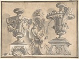Ornamental Design with Two Urns and a Trophy, Anonymous, Italian, Piedmontese, 18th century  Italian, Pen and brown ink, brush with gray and brown wash, overlead point or black chalk, with some ruled construction; framing outlines in pen and brown ink