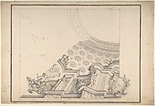One Half Design for a Painted Ceiling with Central Oval Left Blank, Anonymous, Italian, Piedmontese, 18th century  Italian, Pen and gray ink, brush and gray and black wash, over leadpoint or graphite, with ruled and compass construction. Scale in pen and brown ink over graphite, below the drawing