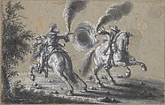 Two Horsemen Shooting at Each Other, Heinrich Werdmüller Swiss, Pen and black ink, brush and gray wash, with gouache