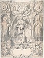 Design for a Stained Glass Window or Frontispiece with the Arms of a Cleric, Johann Heiss German, Pen and brown ink, gray wash on two sheets of paper attached; framing lines in pen and brown ink