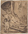 Venus and Cupid (r); Studies of a Woman (v.), Nikolaus Knüpfer (German, Leipzig 1603–1655/60 Utrecht), Pen and brown ink, brown wash and lead white heightening; framing lines in brown ink