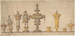 Studies for Decorative Arts Objects, Anonymous, German, 17th century, Pen and brown ink and gray watercolor