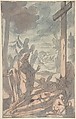 The Standing Virgin Lamenting the Dead Christ at the Foot of the Cross, Anonymous, German, 17th century German, Pen and black ink, pink, blue and gray wash.