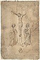 Crucifixion with the Virgin and St. John the Evangelist, Anonymous, German, 15th century, Pen and brown ink, black and red ink, brown and red wash,  with some white heightening