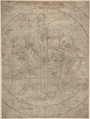 Crucifixion with the Virgin and St. John the Evangelist, Anonymous, German, 16th century  German, Pen and brown ink, black and red chalk
