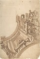 Design for a corner of painting ceiling, architectural perspective, Anonymous, Italian, Piedmontese, 18th century  Italian, Pen and brown ink, brush and brown wash over leadpoint, with ruled and compass construction (recto); framing lines in leadpoint (verso)