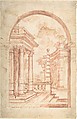 Design of architectural constructions (fantasy), Anonymous, Italian, Piedmontese, 18th century Italian, Red chalk, brush and red chalk wash over leadpoint, with ruled and compass construction. Scale at bottom of drawing in pen and dark brown ink