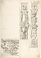 Design for Two Ornamental Upright Panels, and one Ornamental Basamento (?), Anonymous, Italian, Piedmontese, 18th century  Italian, Pen and brown ink, brush and gray wash, over leadpoint or graphite, with ruled construction