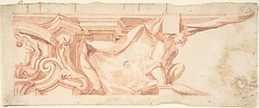 Ornamental Design, Anonymous, Italian, Piedmontese, 18th century  Italian, Red chalk, brush and red chalk wash, over framing lines in red chalk