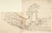 Design for a Balcony, Anonymous, Italian, Piedmontese, 18th century  Italian, Pen and brown ink over fine black chalk in two sheets glued together (recto); construction lines in leadpoint (verso)