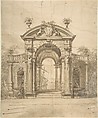Design for a Stage Set: Triumphal Arch with Fountains in the Side Niches and the View of a Boat through the Arch, Anonymous, Italian, Piedmontese, 18th century Italian, Pen and brown ink, brush and brown wash, traces of leadpoint; scale in pen and brown ink at bottom of the drawing