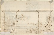Design for an Arch Through Which Is Seen a Fountain with Two Putti (recto); Design for an Architectural Structure (verso), Anonymous, Italian, Piedmontese, 18th century, Pen and dark brown ink, brush and gray wash over leadpoint (recto); sums and scales in lead point; pen and brown ink over leadpoint (verso)
