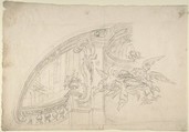Sketch for the Rear Arched Area of a Chapel, with an Angel and Three Putti Holding Up a Plate with the Head of the Baptist, Anonymous, Italian, Piedmontese, 18th century  Italian, Graphite with compass and ruled constructions; scale below in graphite