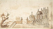 Architectural Fantasy, Anonymous, Italian, Piedmontese, 18th century Italian, Brush and brown wash over black chalk, with ruled construction