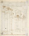 Partial View of an Architectural Interior (recto); Undecipherable Sketches (verso), Anonymous, Italian, Piedmontese, 18th century, Pen and brown ink, brush and gray wash, heightened with dark brown ink over traces of graphite; framing outlines in brush and gray wash (recto); black chalk sketches (verso)