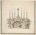 Design for an Altar With Six Large Candelabra, Anonymous, Italian, Piedmontese, 18th century  Italian, Pen and brown ink, brush and light brown-gray wash over graphite; framing lines in pen and dark brown ink and brush and dark brown ink