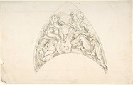 Design for a Pedentive Decoration: two women with musical instruments, Anonymous, Italian, Piedmontese, 18th century  Italian, Pen and brown ink over leadpoint
