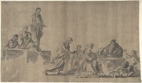 Figures Surrounding a Man Lying on the Ground; verso: A Group of Figures, Anonymous, German, 18th century, Brush and gray ink, over a sketch in black chalk; verso: black chalk