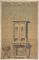Design for a Cabinet in an Interior Setting, Anonymous, German, 19th century  German, Graphite, watercolor, gray wash, with metallic paint. On thin tracing paper mounted on cardboard with decorative framing lines in pencil.