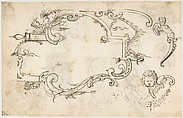Various Ornamental Designs, Anonymous, German, 19th century, Pen and brown ink over black chalk; inlaid into paper mount with gray wash framing lines