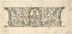 Ornamental design with Grotesques, Anonymous, German, 19th century  German, Pen and black ink, brush and blue, brown and green wash; inlaid, along with 48.148(58b), on paper mount with pink and black framing lines; squared with incised lines