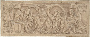 Figures, Horses, and Sphinx Entwined in Foliage and Strapwork, Anonymous, German, 19th century  German, Pen and brown ink, brush and brown wash, heightened with white; inlaid along, with 48.148(58a), on paper mount with pink and black framing lines